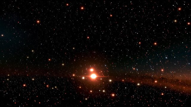 Bright stars twinkle in the dark sky, showing warm and cool colors in a vast field of space.