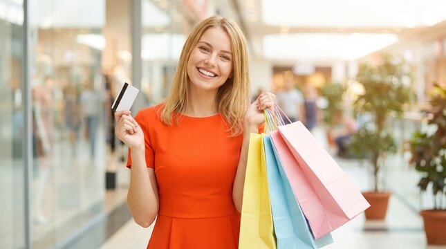 A happy young woman in a bright orange dress holding colorful shopping bags and a credit card while smiling inside a modern indoor shopping mall
