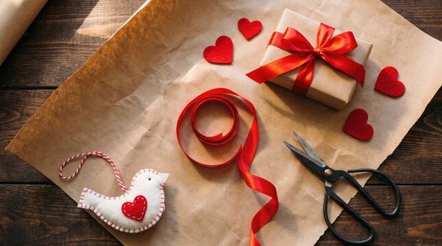 A beautifully wrapped gift box with a red ribbon bow surrounded by small red hearts and vintage scissors on rustic brown paper for valentines day
