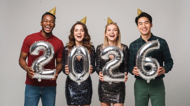 A diverse group of happy young friends wearing party hats and holding silver foil balloons shaped like the numbers 2026 to celebrate the new year