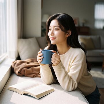 East asian woman reading with blue mug beside open book in warm window light at home