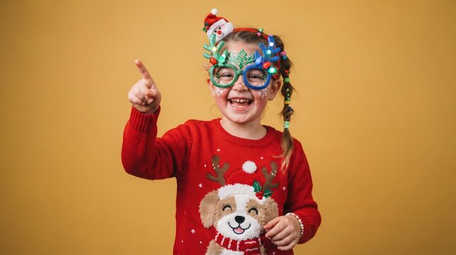 A happy little girl wearing a festive red christmas sweater and funny holiday glasses pointing up while smiling against a solid yellow studio background portrait