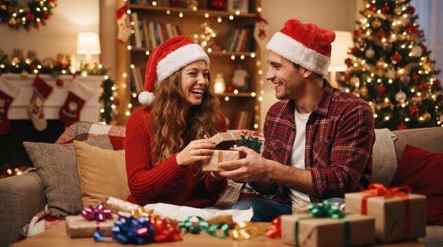 A happy young couple wearing santa hats sitting together in a cozy living room while wrapping christmas gifts and laughing during the winter holiday season