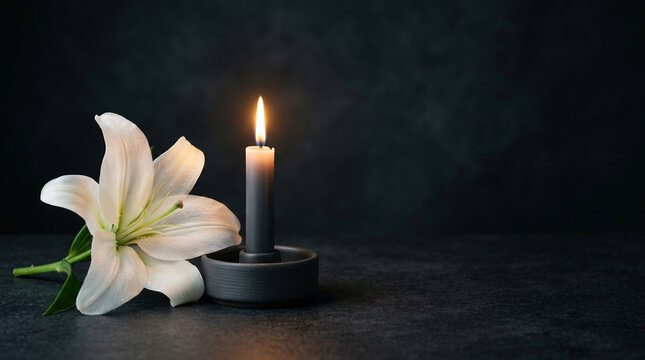 Funeral Flower White Lily and Burning Candle on Dark Background with Copy Space, Memorial and Mourning Concept