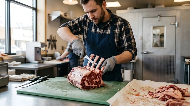 Professional butcher frenching and trimming fresh raw prime rib roast rack of beef in butcher shop