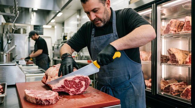Butcher wearing apron and black gloves cutting fresh raw ribeye beef steak in butchery kitchen