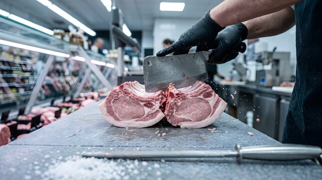 Butcher wearing black gloves cutting fresh raw pork chops with sharp meat cleaver in butcher shop