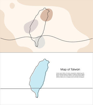 Continuous one line drawing of map of Taiwan. white background map for Education, Travel across cities in Taiwan, infographics, Science, Web Presentation isolated on white background