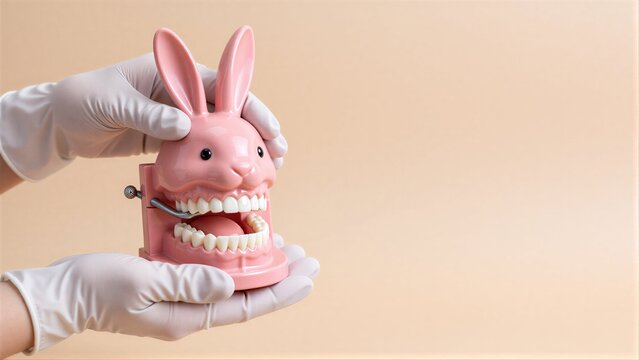 Hands holding a bright pink plastic bunny with prominent white teeth
