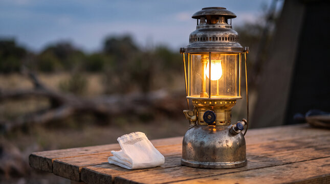 Antique kerosene lamp illuminating a camping table at dusk in a natural setting.