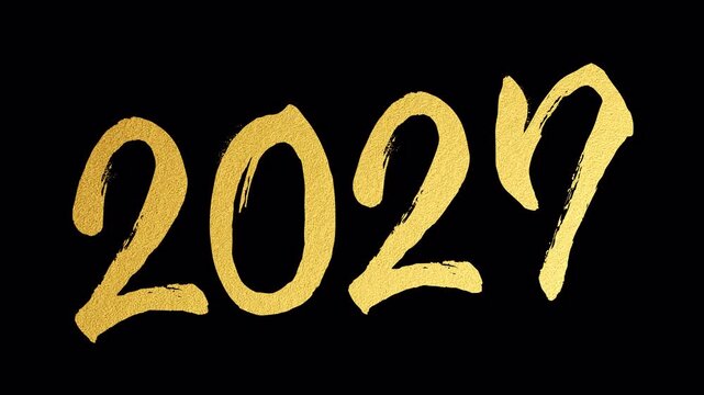2027 Brush Calligraphy Number Animation, gold ink reveal with alpha channel, New Year