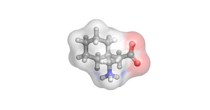 Gabapentin, anticonvulsant and gabapentinoid medication used to treat neuropathic pain and partial seizures, 3D molecule 4K