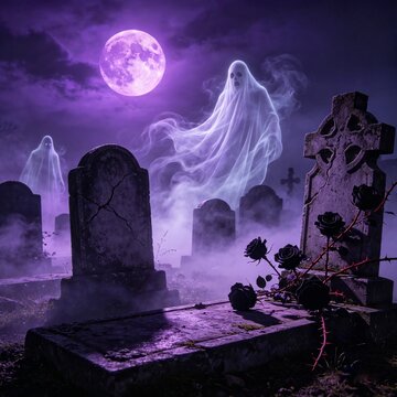 dark cemetery with ghost apparitions and thorny black roses