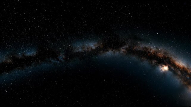An arching band of light crosses a dark sky full of stars. Dense stardust creates a stunning scene in the night.