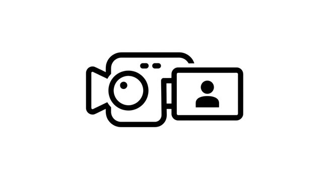Flat black pictogram of a video camera with a small person silhouette inside a rectangular screen