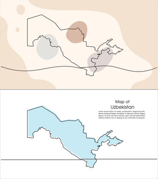 Continuous one line drawing of map of Uzbekistan. white background map for Education, Travel across cities in Uzbekistan, infographics, Science, Web Presentation isolated on white background	