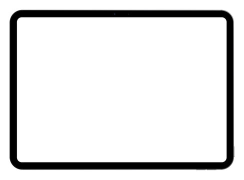 Realistic black horizontal tablet empty screen frame overlay mockup. Mobile pad display template isolated on transparent bg. Device front view. Display boarder for social media. Vector illustration
