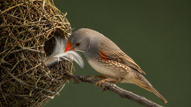 Small zebra finch holding a white feather in its beak while perched on a branch next to a woven straw nest opening against a dark background