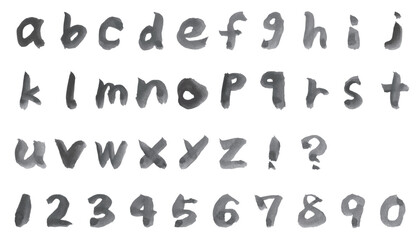 Fototapeta premium Hand Painted Ink Brush Lowercase Alphabet with Numbers and Symbols Set