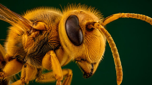 Extreme macro closeup of a yellow hornet insect head displaying high detail texture of compound eye hairs and antenna on green background