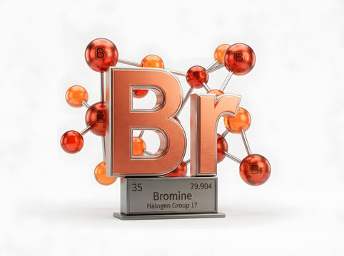 3D rendered bromine chemical element symbol Br with molecular structure on glossy cube block