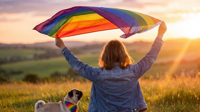 Woman holding rainbow flag above her head standing in grassy field with her pug dog with overhead while standing behind holding togetherness