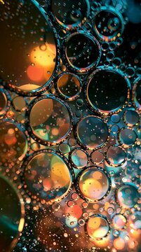 Bright bubbles float in water, creating a colorful display and interesting shapes on a surface. Lights reflect and change throughout.