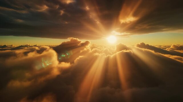 Golden sunbeams pierce through thick clouds during a dramatic sunset seen from an aerial perspective.