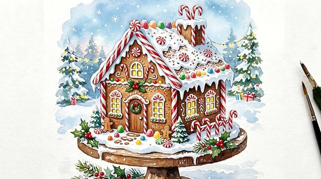 Watercolor illustration of a decorated gingerbread house on a cake stand with christmas trees