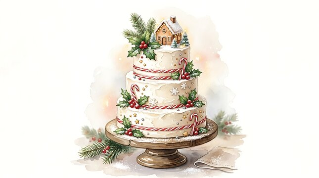 Threetiered christmas cake with gingerbread house topper and candy cane decorations