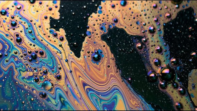 Colorful patterns shift and change in an oil film on water. The sunlight reflects on the surface creating interesting visuals.