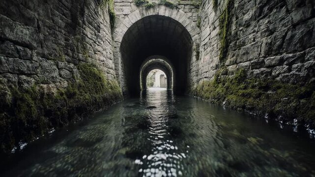 Ancient Stone Tunnel Channel With Water And Distant Arch.