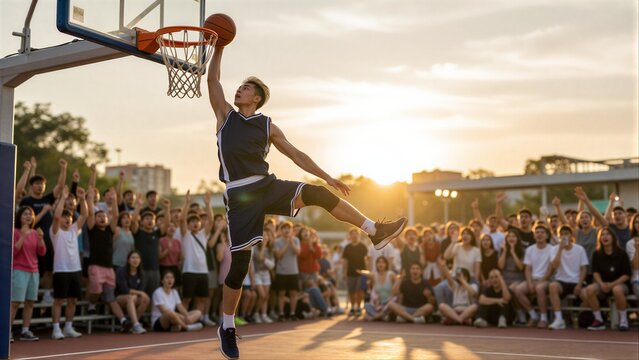 Young basketball player dunks as crowd cheers at sunset.