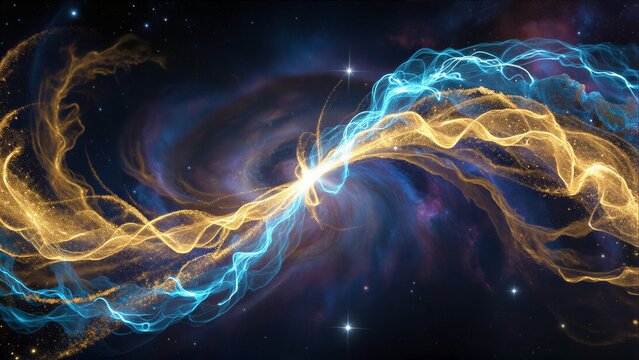 Cosmic swirls of gold and blue energy dance against a starry, mysterious galaxy backdrop.