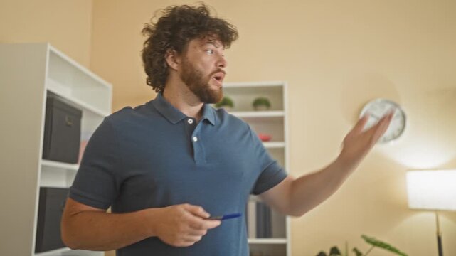 Curly bearded man holding a blue pen and gesturing with both hands in an office building with clock and shelves; thoughtful reflection.