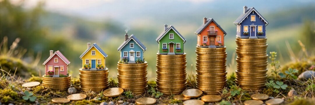 Colorful Houses on Stacked Coins in Grass