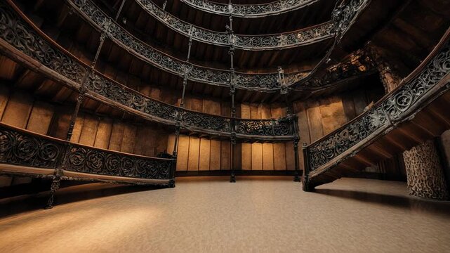 Circular Theater Interior With Ornate Balconies And Spiral Seating.