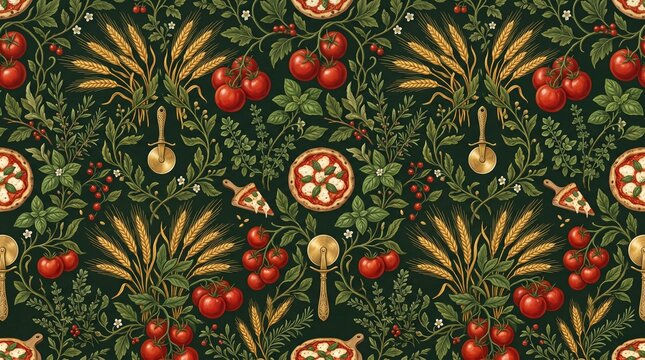 Seamless Italian pizza ingredients pattern with whole pizzas, slices, wheat, tomatoes, herbs, and golden pizza cutters on a dark green background