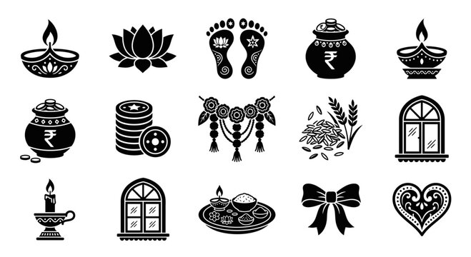 Set of Traditional Indian Festive Icons for Diwali Celebration.