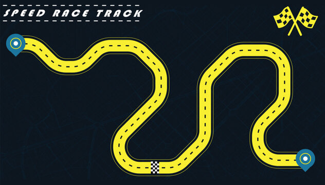Road track or Race track in yellow color isolated on dark background with a street map.