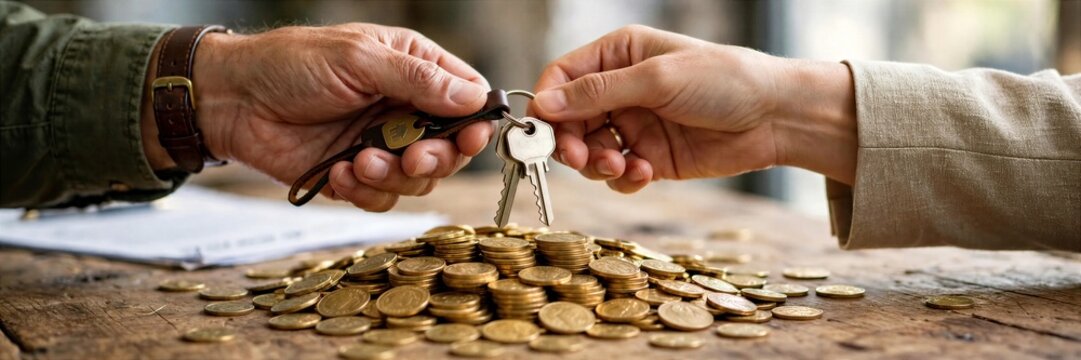 Hands Passing House Keys Above Stacked Coins