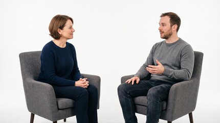 Obraz premium Two people sitting in chairs talking to each other in a studio setting