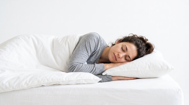 Young woman sleeping peacefully in bed with white bedding and a white wall background