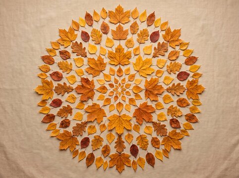 Autumn leaves are arranged into a circular mandala pattern on a beige fabric background.