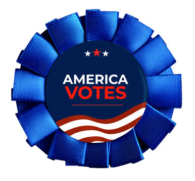 America votes election rosette pin with blue ribbon and us flag waves on transparent background