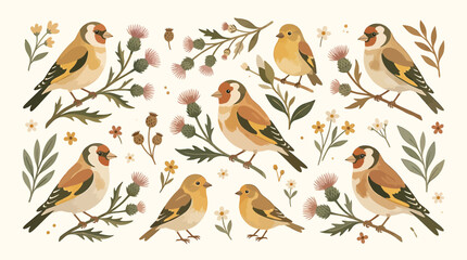 Fototapeta premium Charming Goldfinches Perched on Thistle Branches with Wildflowers