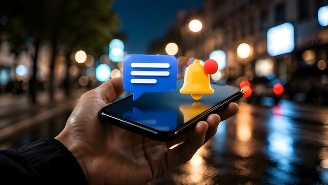Hand holding smartphone with 3D notification bell and message bubble at night, representing social media alerts, incoming emails, and mobile communication in city.