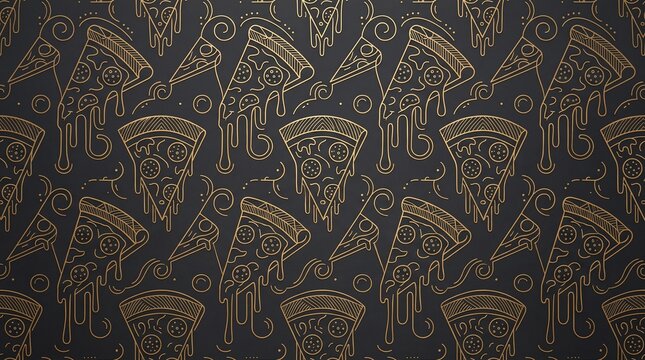 Luxury golden line art pizza slices pattern on a dark background for restaurant and fast food design concept