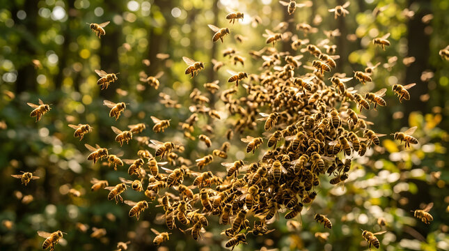 Swarm of honey bees flying in group in green forest with bright morning sun rays background