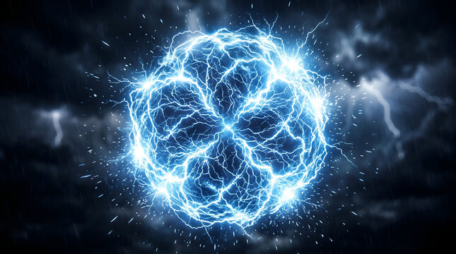Ball lightning glowing blue electric energy sphere flashing with sparks in dark storm sky
